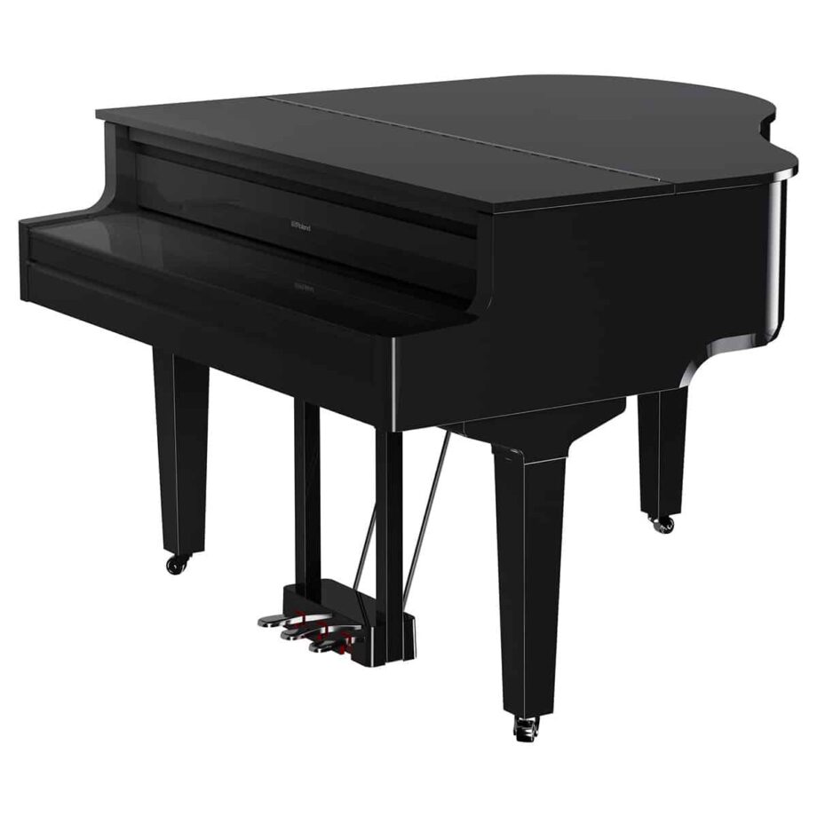 Vue de trois quarts du piano à queue numérique Roland GP-9 avec couvercle et cylindre fermés